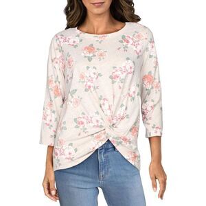 A + A COLLECTION Womens Beige Twist Front Pullover Long Sleeve Round Neck Top S